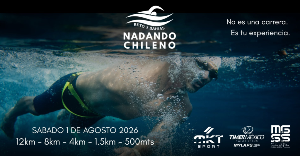 Banner promoting Nadando Chileno: an underwater swimmer, top logo, slogan 'No es una carrera. Es tu experiencia.' Saturday 1 de agosto 2026; distances 12km, 8km, 4km, 1.5km, 500m; sponsor logos bottom right.
