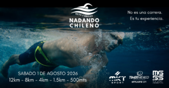 Banner promoting Nadando Chileno: an underwater swimmer, top logo, slogan 'No es una carrera. Es tu experiencia.' Saturday 1 de agosto 2026; distances 12km, 8km, 4km, 1.5km, 500m; sponsor logos bottom right.