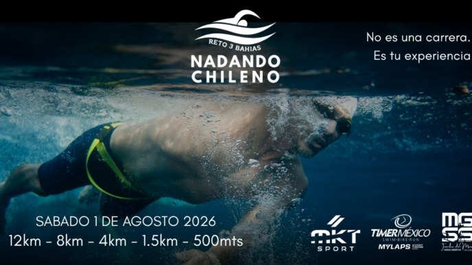 Banner promoting Nadando Chileno: an underwater swimmer, top logo, slogan 'No es una carrera. Es tu experiencia.' Saturday 1 de agosto 2026; distances 12km, 8km, 4km, 1.5km, 500m; sponsor logos bottom right.