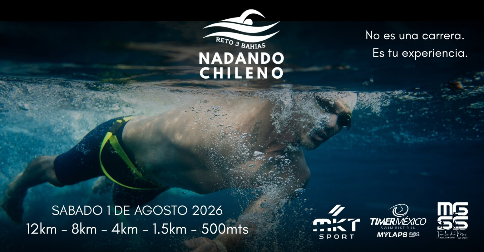 Banner promoting Nadando Chileno: an underwater swimmer, top logo, slogan 'No es una carrera. Es tu experiencia.' Saturday 1 de agosto 2026; distances 12km, 8km, 4km, 1.5km, 500m; sponsor logos bottom right.