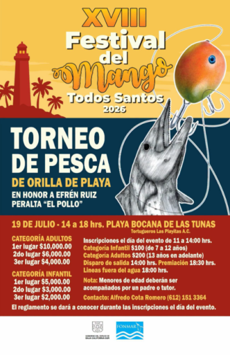 Poster announcing XVIII Festival del Mango and a beach fishing tournament in Playa Bocana de Las Tunas, July 19, 2026, with event details, prizes, and contact information.