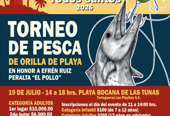 Poster announcing XVIII Festival del Mango and a beach fishing tournament in Playa Bocana de Las Tunas, July 19, 2026, with event details, prizes, and contact information.