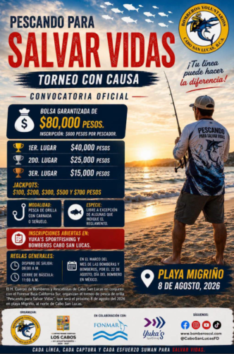 Póster promocional del torneo de pesca con causa 'Pescando para Salvar Vidas', con fecha 8 de agosto de 2026 en Playa Migriño y logotipos de patrocinadores.
