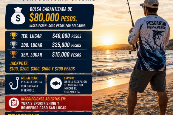 Póster promocional del torneo de pesca con causa 'Pescando para Salvar Vidas', con fecha 8 de agosto de 2026 en Playa Migriño y logotipos de patrocinadores.