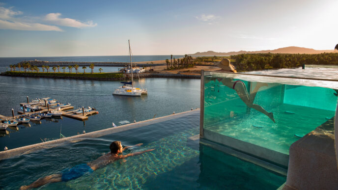 Swimming pool with clear water overlooks a marina and calm sea at sunset; person partially visible in the pool near a glass barrier.