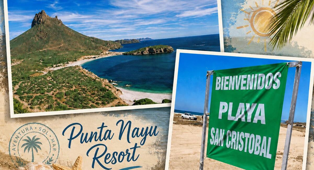 Collage of a tropical beach with turquoise water, rocky hills, and a sandy shore labeled Punta Nayu Resort with seashells in the foreground.
