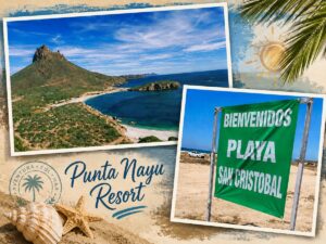 Collage of a tropical beach with turquoise water, rocky hills, and a sandy shore labeled Punta Nayu Resort with seashells in the foreground.