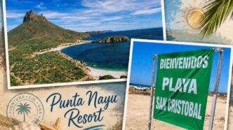 Collage of a tropical beach with turquoise water, rocky hills, and a sandy shore labeled Punta Nayu Resort with seashells in the foreground.