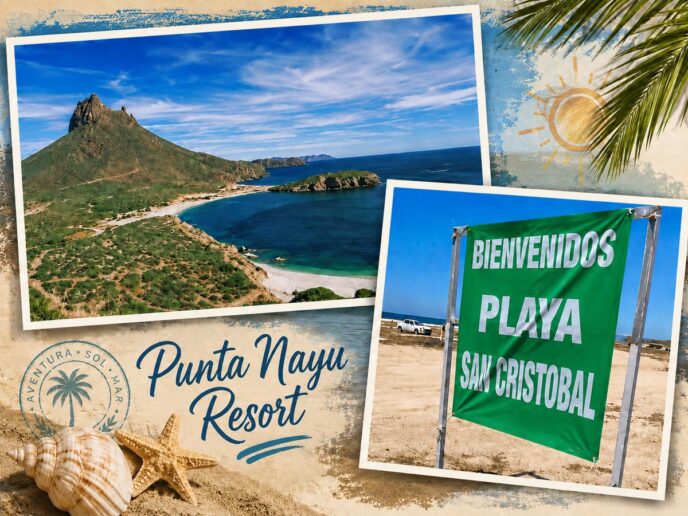 Collage of a tropical beach with turquoise water, rocky hills, and a sandy shore labeled Punta Nayu Resort with seashells in the foreground.