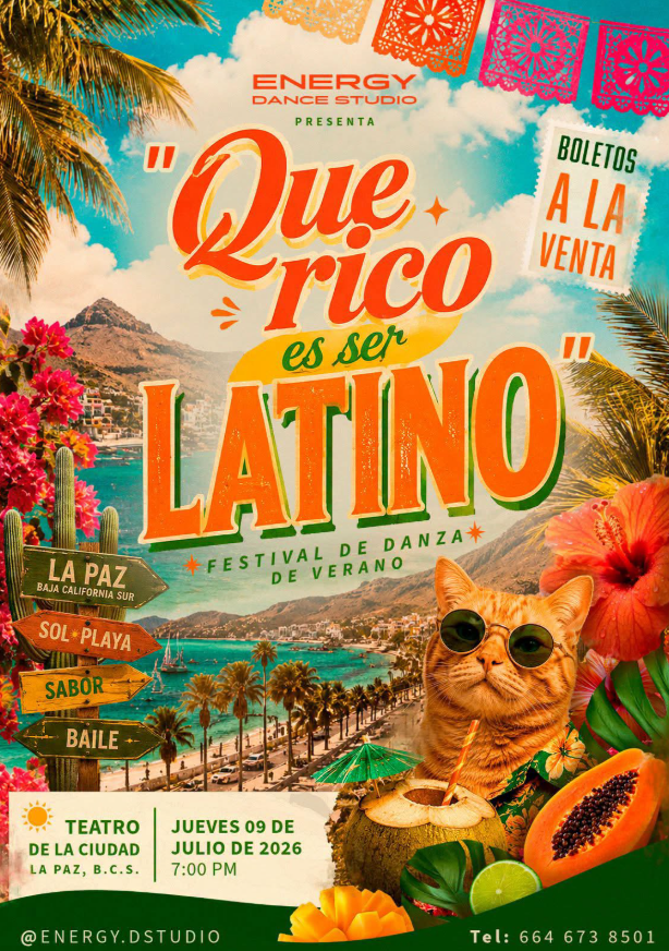 Vibrant festival poster for Que Rico es ser Latino with a tropical beach scene, bold orange title, papel picado banners, a cat wearing sunglasses by coconuts, and event details.