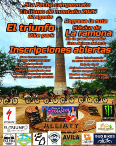 quinto campeonato de bicicleta Poster for the 5th mountain bike championship 2026, Aug 2; main headline 'El triunfo Bike park' with riders on a brick track around a central tall tower; 'Inscripciones abiertas' and sponsor logos at bottom.
