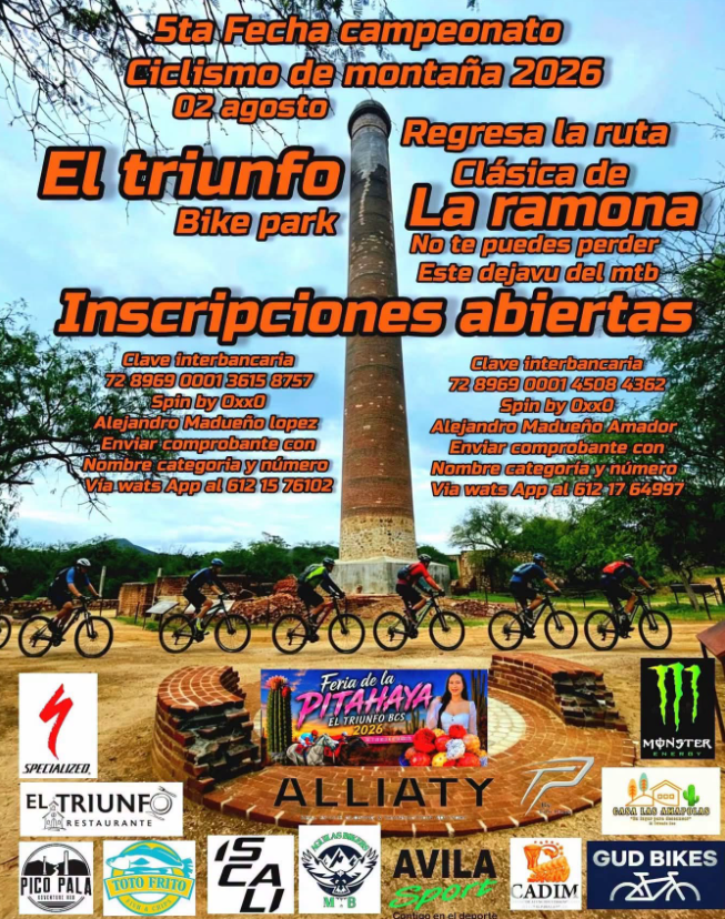 Poster for the 5th mountain bike championship 2026, Aug 2; main headline 'El triunfo Bike park' with riders on a brick track around a central tall tower; 'Inscripciones abiertas' and sponsor logos at bottom.