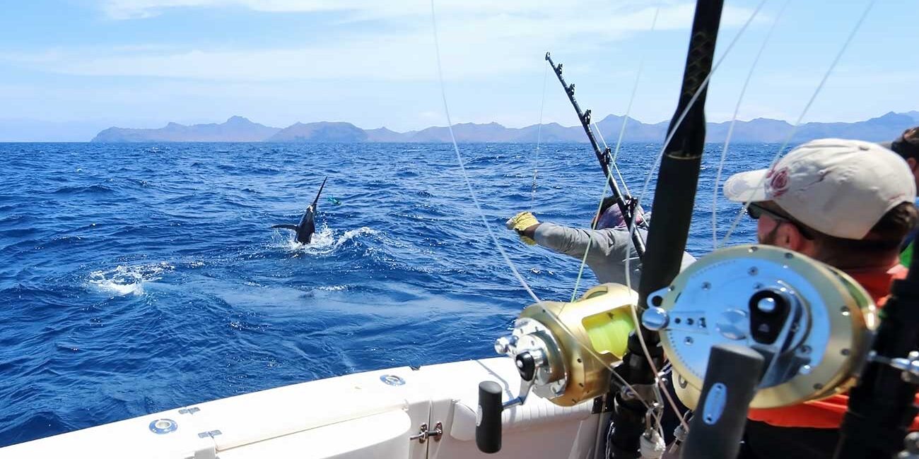 Fishermen on a boat in the open sea reach toward a diver in the water as fishing gear sits on the railing and distant islands appear on the horizon.