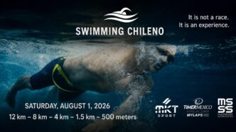 Underwater swimmer in blue water with 'Swimming Chileno' logo above and event date and distances at bottom left; sponsor logos bottom right.