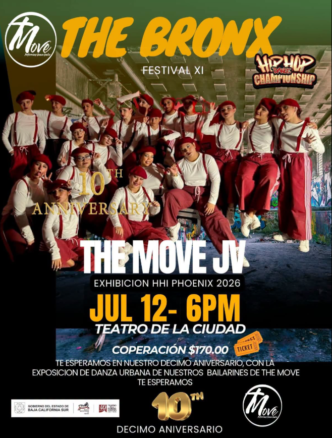 Poster advertising 'The Bronx' festival: a large group of dancers in red suspenders and berets pose together in a tunnel-like backdrop; event date and venue shown: July 12, 6PM at Teatro de la Ciudad, 10th anniversary celebration.