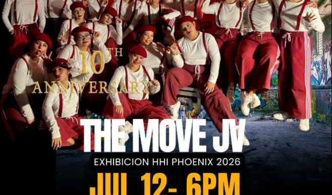 Poster advertising 'The Bronx' festival: a large group of dancers in red suspenders and berets pose together in a tunnel-like backdrop; event date and venue shown: July 12, 6PM at Teatro de la Ciudad, 10th anniversary celebration.