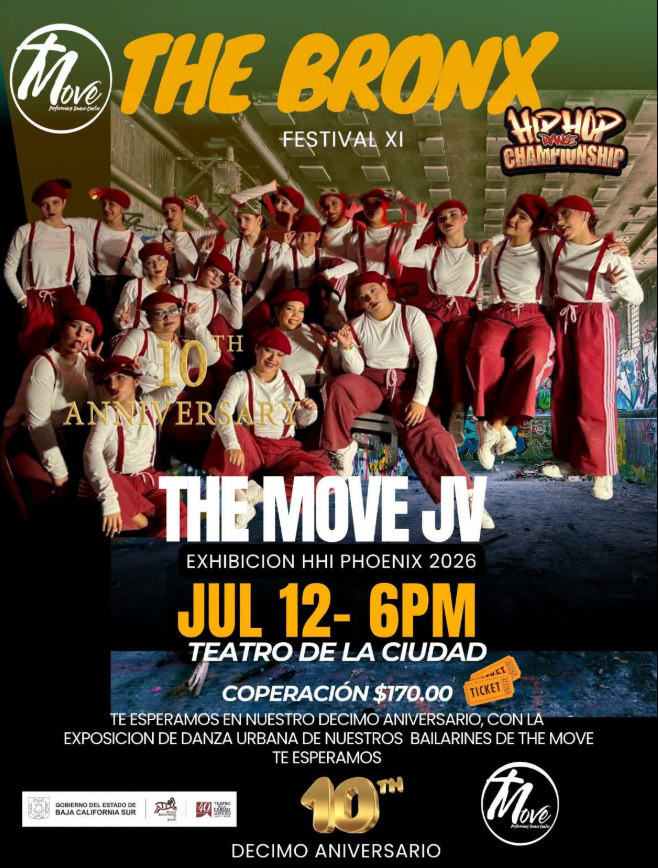 Poster advertising 'The Bronx' festival: a large group of dancers in red suspenders and berets pose together in a tunnel-like backdrop; event date and venue shown: July 12, 6PM at Teatro de la Ciudad, 10th anniversary celebration.
