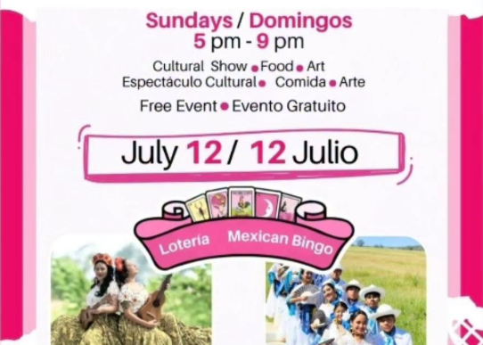 Poster advertising Viva La Plaza Sundays 5–9 pm with cultural show, food, and art; July 12; featuring Son de Mar and Ballet Folklórico de Casa de la Cultura de Cabo San Lucas.