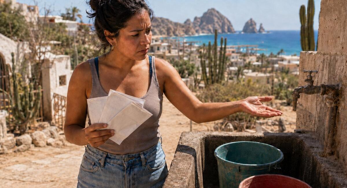 Woman at an outdoor wash station, holding papers and extending her hand to a tap over a trough with colorful buckets, against a sunny coastal village backdrop.