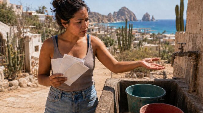Woman at an outdoor wash station, holding papers and extending her hand to a tap over a trough with colorful buckets, against a sunny coastal village backdrop.