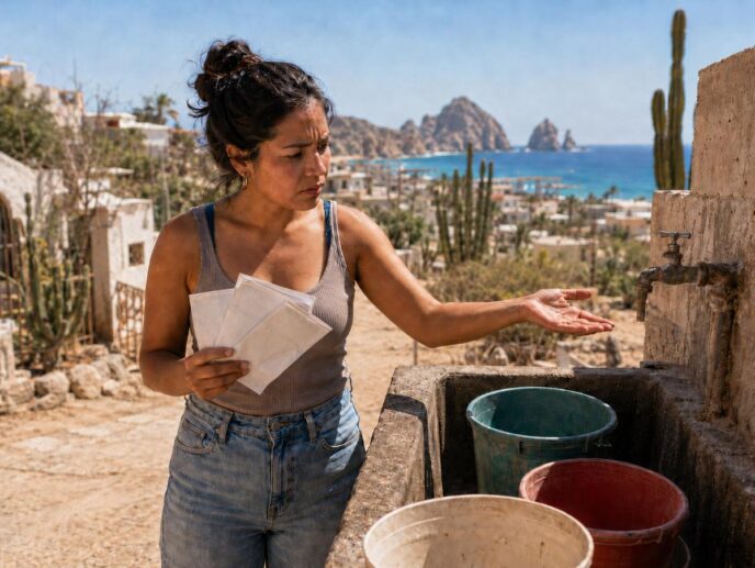 Woman at an outdoor wash station, holding papers and extending her hand to a tap over a trough with colorful buckets, against a sunny coastal village backdrop.