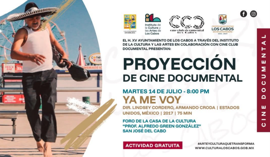 Event poster for a free documentary screening; left side shows a barefoot man on a beach boardwalk holding a hat, right side has bold title text 'PROYECCIÓN DE CINE DOCUMENTAL'.