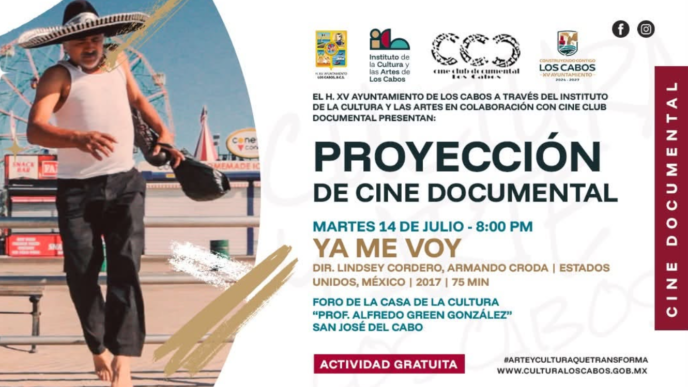 Event poster for a free documentary screening; left side shows a barefoot man on a beach boardwalk holding a hat, right side has bold title text 'PROYECCIÓN DE CINE DOCUMENTAL'.