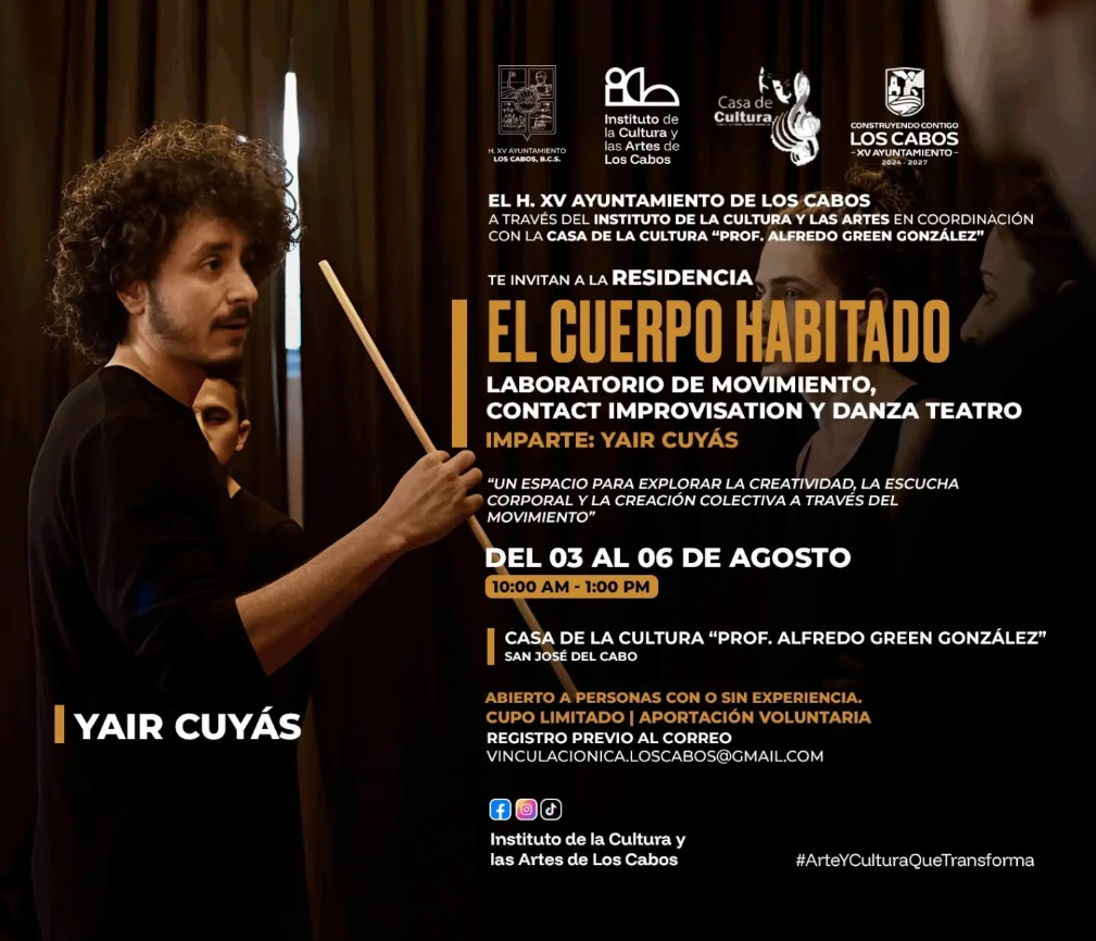Poster for 'El Cuerpo Habitado' residency by Yair Cuyás, with event details and logos; man holding drumsticks on the left.