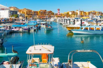 Busy marina with colorful boats docked along piers, turquoise water, and yellow buildings in the background.