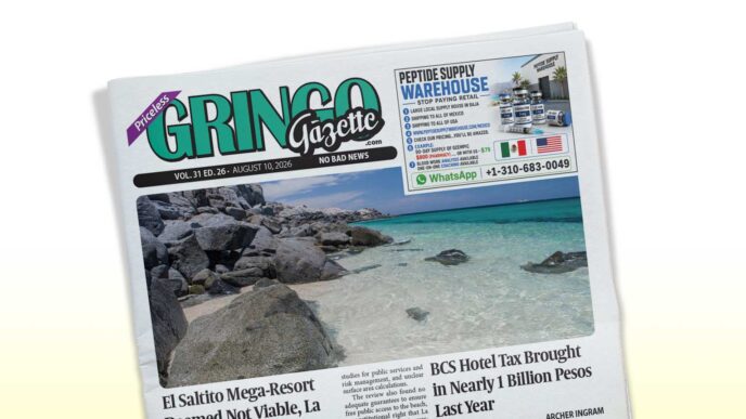 Front page of Gringo Gazette newspaper tilted at an angle, featuring a tropical beach photo and bold headlines.