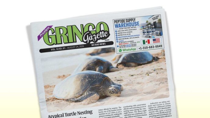 Tilted newspaper on sand with sea turtles crawling along the beach; header reads Gringo Gazette (informative image).