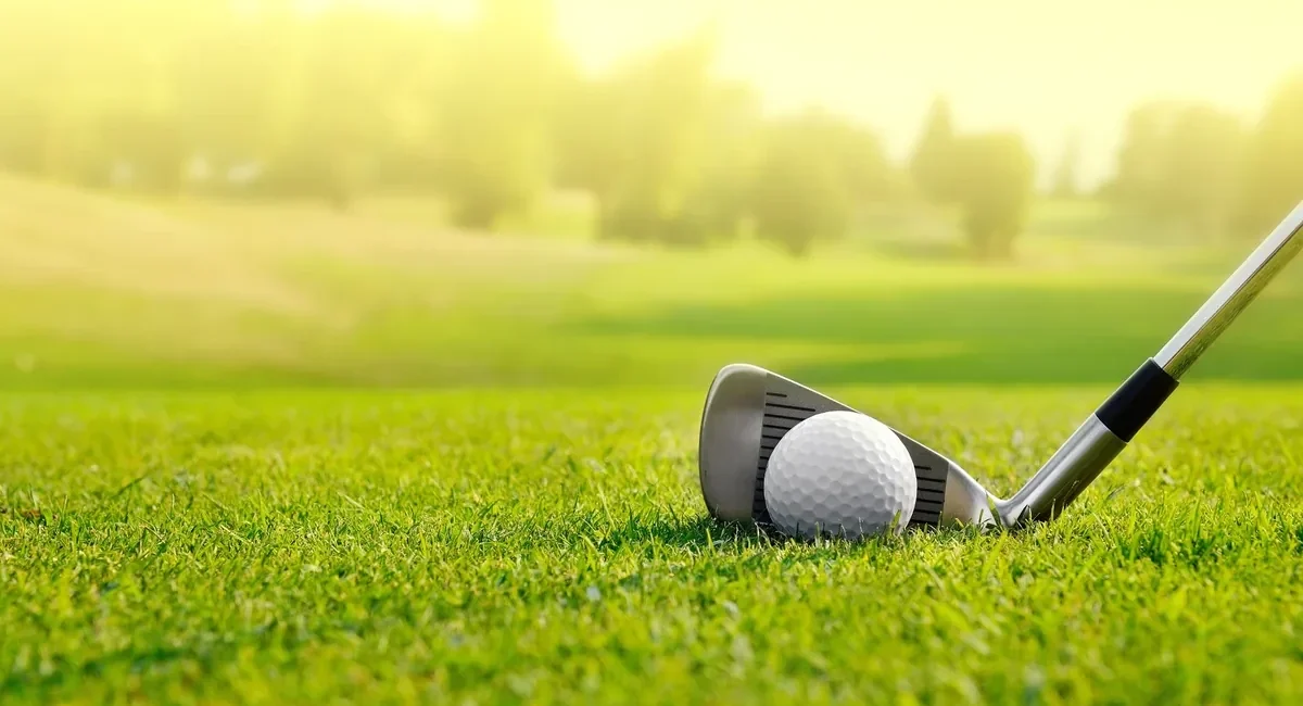 Golf ball resting beside a golf club on a sunlit green fairway with a blurred background.