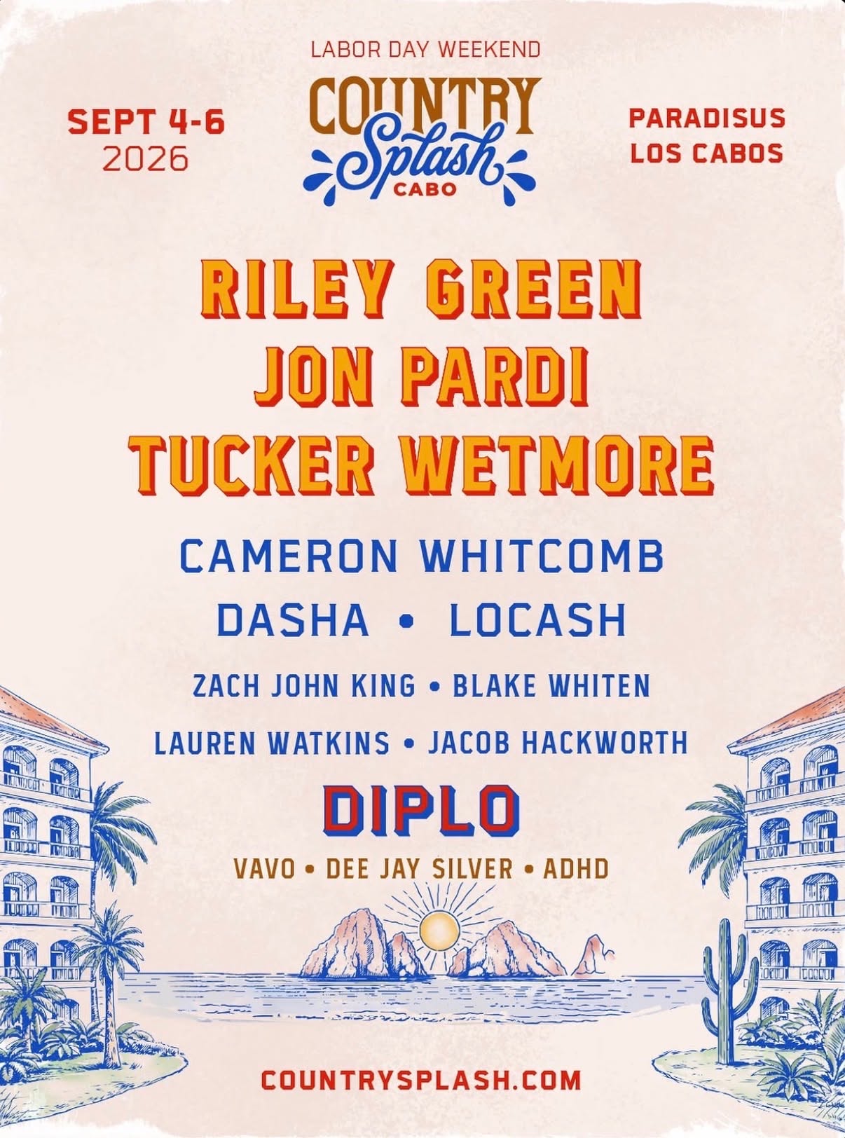 Poster for a Labor Day weekend country music event in Cabo, featuring artist lineup and dates Sept 4–6, 2026, in bold colors.