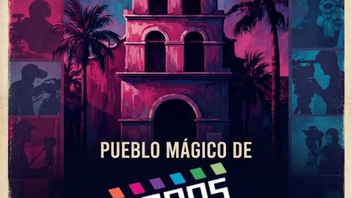 Poster for Pueblo Mágico de Todos Santos documentary festival, Oct 29–31, 2026, with a colorful tower illustration and film-still silhouettes edge.
