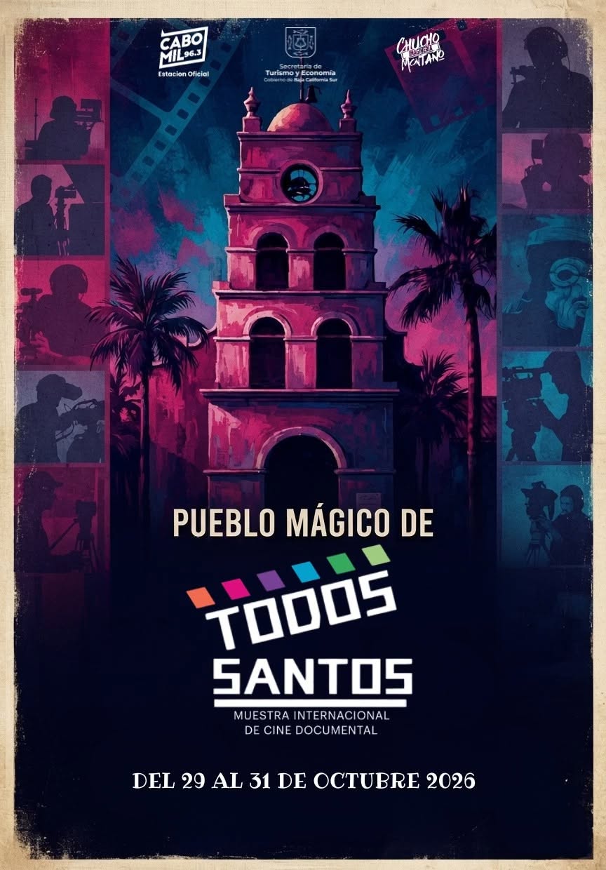 Poster for Pueblo Mágico de Todos Santos documentary festival, Oct 29–31, 2026, with a colorful tower illustration and film-still silhouettes edge.