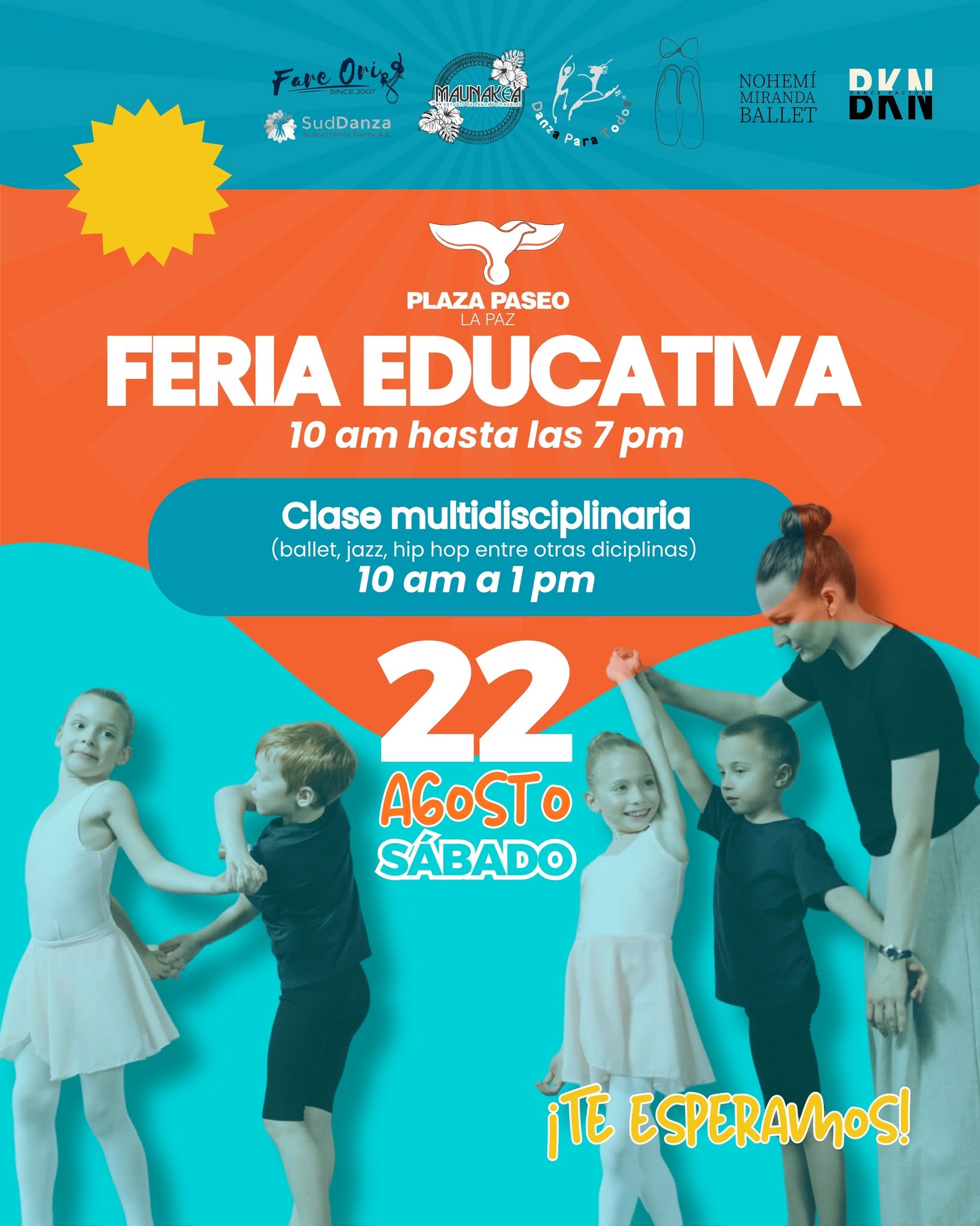 Bright poster advertising Feria Educativa with dancing children and bold white text indicating the event name and time.