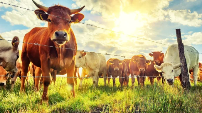 A group of cows behind a barbed-wire fence in a sunny grassy field, facing the camera.