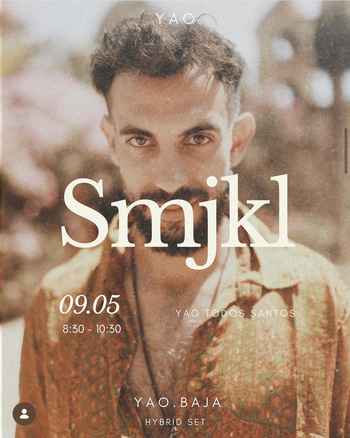 Poster for a YAO event featuring a man in a warm orange patterned shirt; date 09.05 and time 8:30–10:30 are shown.