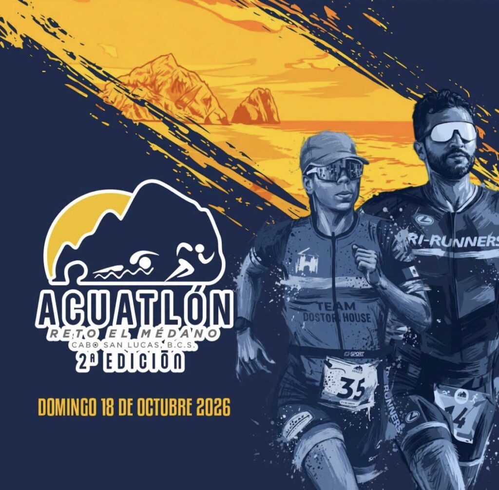 Event poster for Aquatlón: runners over a stylized coastline, with date Domingo 18 de Octubre 2026 and 2ª Edición en Cabo San Lucas, México (Reto Medaño).