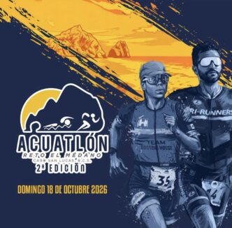 Event poster for Aquatlón: runners over a stylized coastline, with date Domingo 18 de Octubre 2026 and 2ª Edición en Cabo San Lucas, México (Reto Medaño).