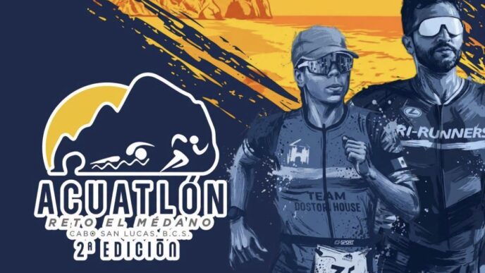 Event poster for Aquatlón: runners over a stylized coastline, with date Domingo 18 de Octubre 2026 and 2ª Edición en Cabo San Lucas, México (Reto Medaño).