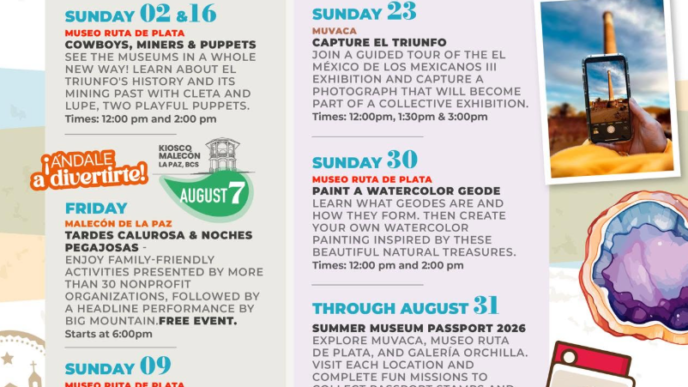 August Planner poster listing weekend museum events with colorful date blocks and logos.