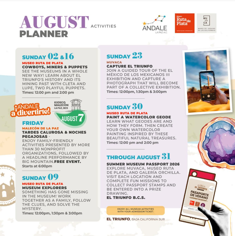 Promotional poster for August planner listing weekend museum events, dates, times, and logos.