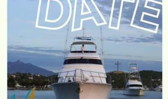 Save the date poster featuring a white yacht in a marina, with bold white text 'SAVE THE DATE' across the top and 'OCTOBER 2026' at the bottom.