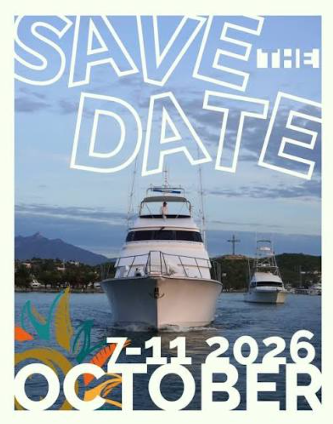 Save the date poster featuring a white yacht in a marina, with bold white text 'SAVE THE DATE' across the top and 'OCTOBER 2026' at the bottom.