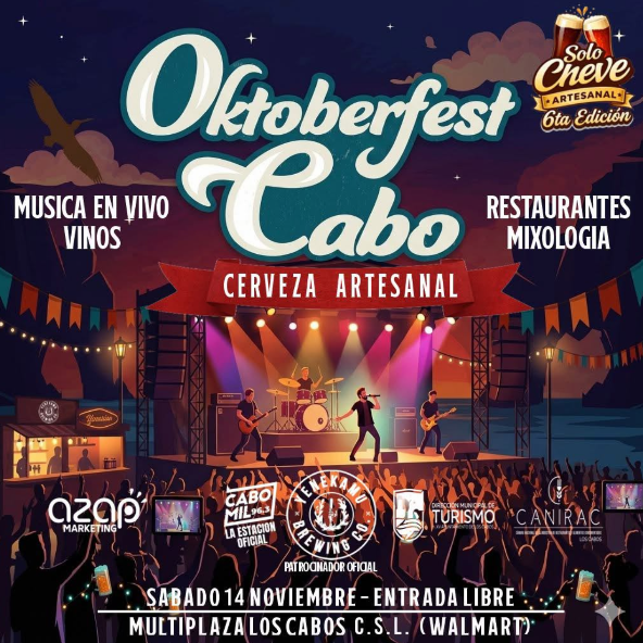 Festival poster for Oktoberfest Cabo featuring a live band on a stage, cheering crowd, and 'Cerveza Artesanal' branding
