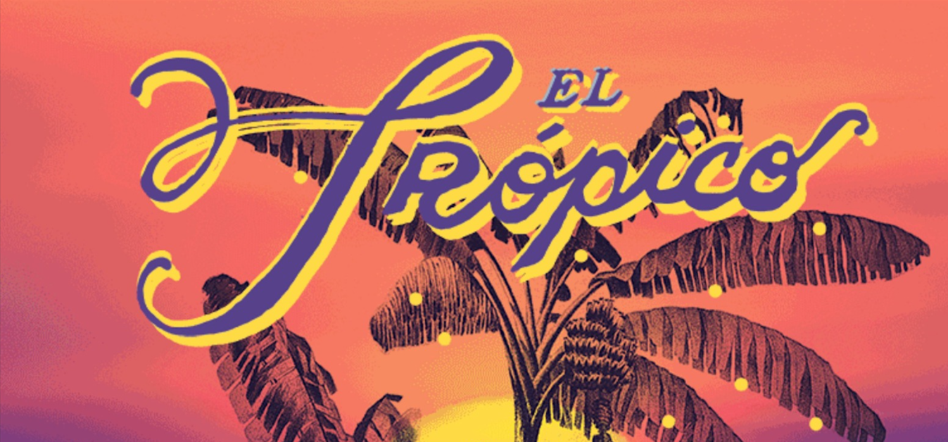 Brand logo 'El Progreso' with purple and yellow script over tropical palm trees at sunset