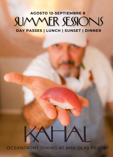 Chef in a white hat presents a piece of nigiri sushi toward the camera, promoting the 'Summer Sessions' oceanfront dining event at Mas Olas Resort (Aug 12–Sept 8).