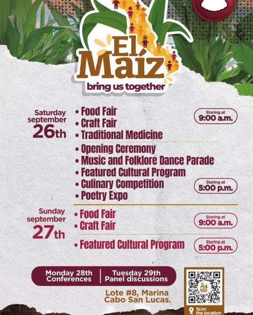 Poster for El Maiz festival with weekend schedule and events (Food Fair, Craft Fair, Traditional Medicine, ceremonies, music, poetry).