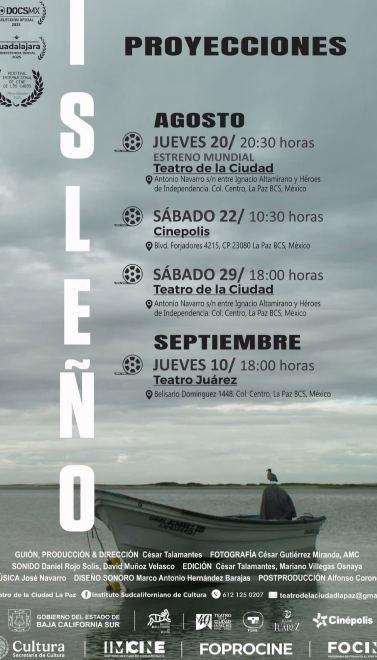 Screenshot 2026-08-21 214722 Poster for Proyecciones with a cloudy seascape background and a vertical word title on the left; lists August and September screenings (Aug 20 20:30 World Premiere at Teatro de la Ciudad; Aug 22 10:30 Cinepolis; Aug 29 18:00 Teatro de la Ciudad; Sept 10 18:00 Teatro Juárez).
